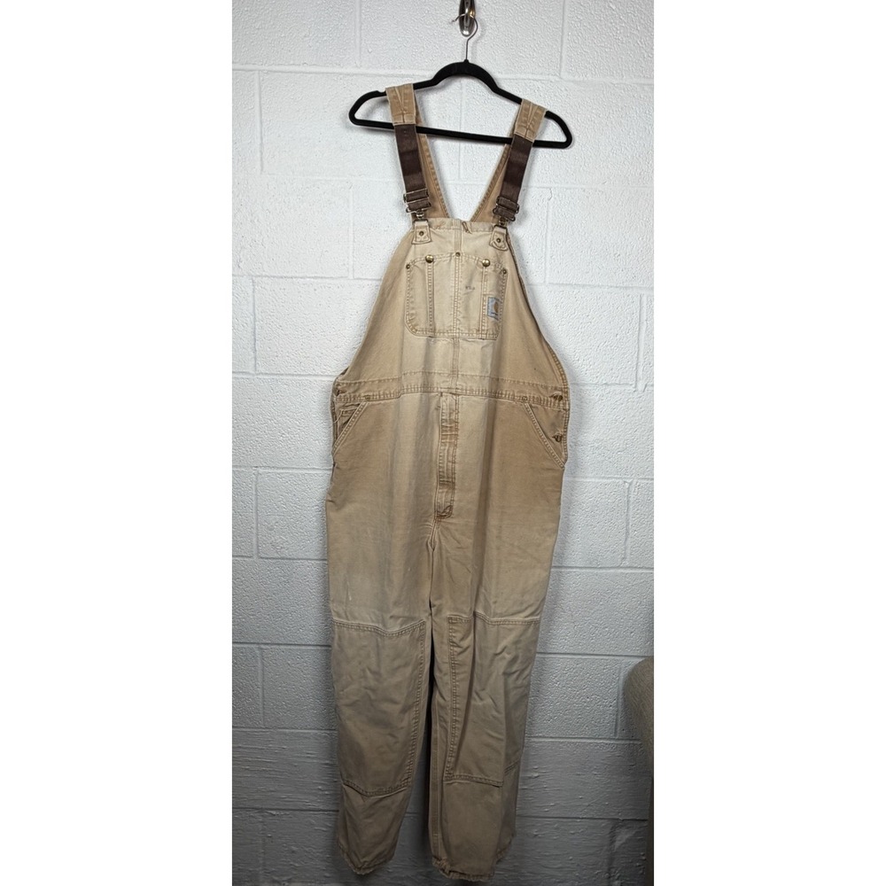 Carhartt Distressed Duck Bib Overalls Faded Workwear Grunge 46x30 Double Knee